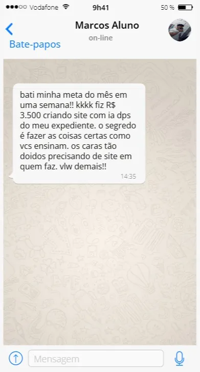 Print de conversa de aluno relatando resultado em uma semana criando sites com IA