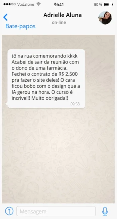 Print de conversa de aluno relatando o primeiro PIX recebido, R$ 1.200